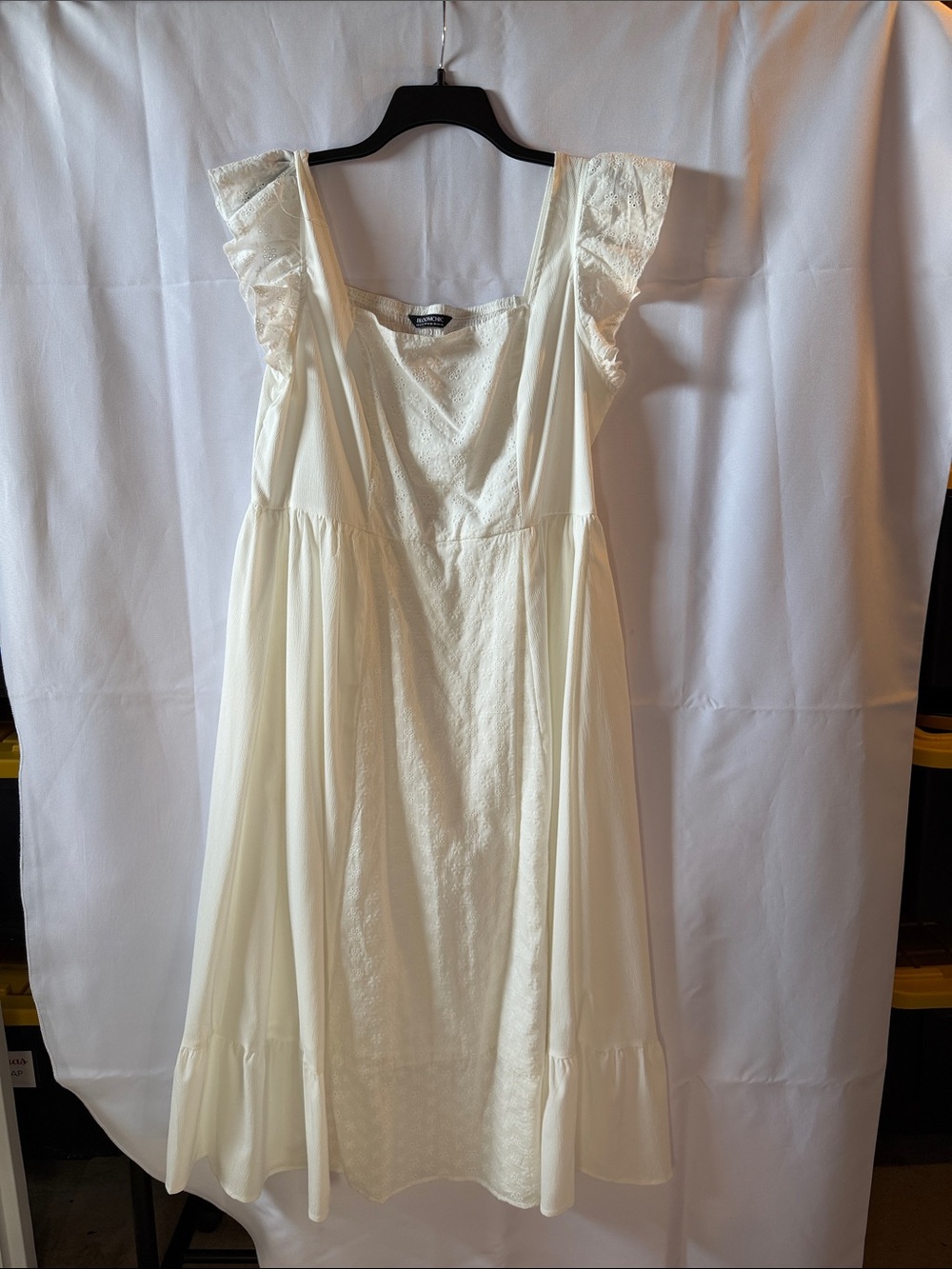 BloomChic Ivory Ruffle-Sleeve Midi Dress